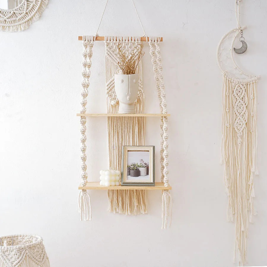 2 Tier Macrame Wall Hanging Floating Shelf Natural Cotton Rope Boho Home Decor Wooden Wall Shelf Candle Holder Floating Shelves