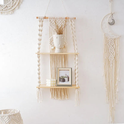 2 Tier Macrame Wall Hanging Floating Shelf Natural Cotton Rope Boho Home Decor Wooden Wall Shelf Candle Holder Floating Shelves