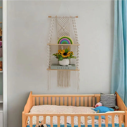 2 Tier Macrame Wall Hanging Floating Shelf Natural Cotton Rope Boho Home Decor Wooden Wall Shelf Candle Holder Floating Shelves