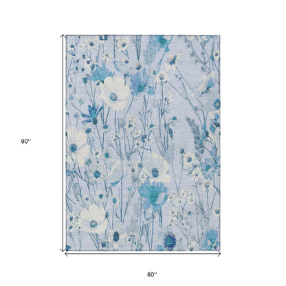 5' X 8' Sky Blue And Denim Blue Floral Washable Indoor Outdoor Area Rug-2