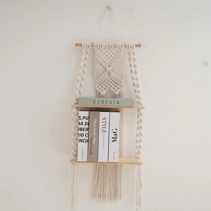 2 Tier Macrame Wall Hanging Floating Shelf Natural Cotton Rope Boho Home Decor Wooden Wall Shelf Candle Holder Floating Shelves