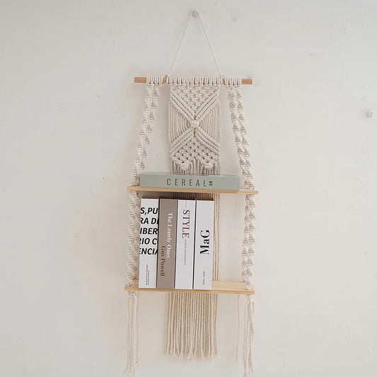 2 Tier Macrame Wall Hanging Floating Shelf Natural Cotton Rope Boho Home Decor Wooden Wall Shelf Candle Holder Floating Shelves