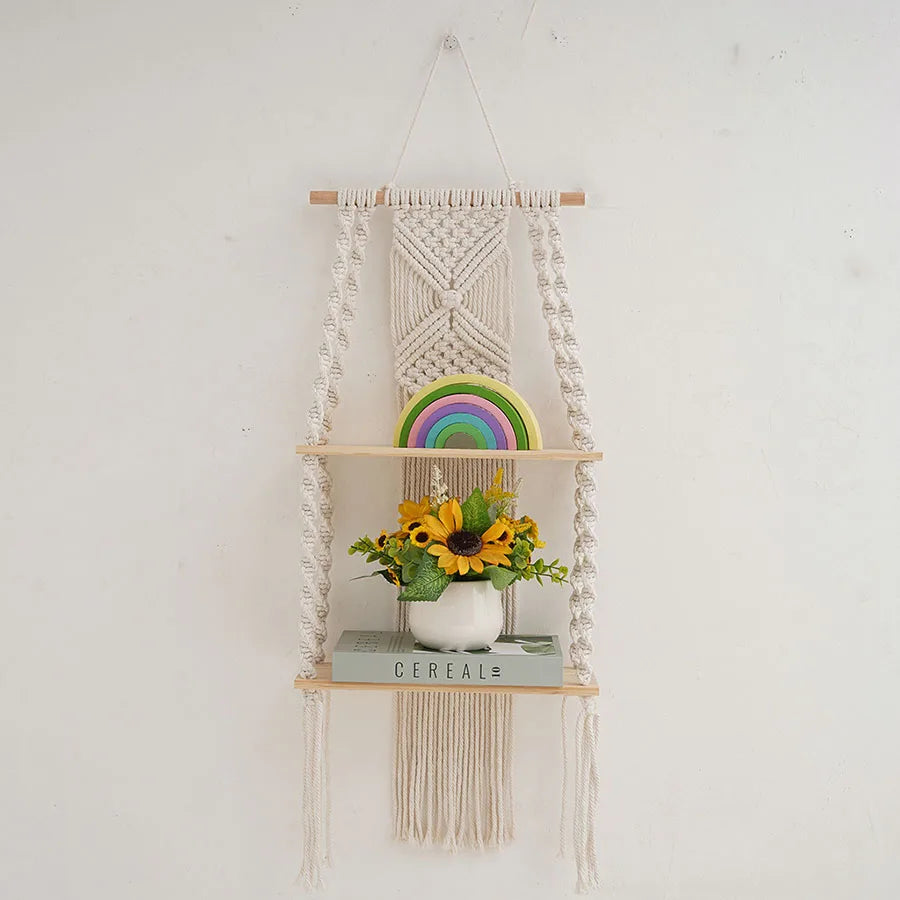 2 Tier Macrame Wall Hanging Floating Shelf Natural Cotton Rope Boho Home Decor Wooden Wall Shelf Candle Holder Floating Shelves
