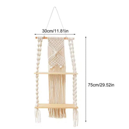 2 Tier Macrame Wall Hanging Floating Shelf Natural Cotton Rope Boho Home Decor Wooden Wall Shelf Candle Holder Floating Shelves