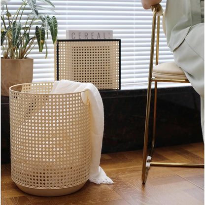Nordic Storage Basket Metal Imitation Rattan Weaving Laundry Hamper Modern Storage Bin for Clothing Minimalist Bedroom Organizer