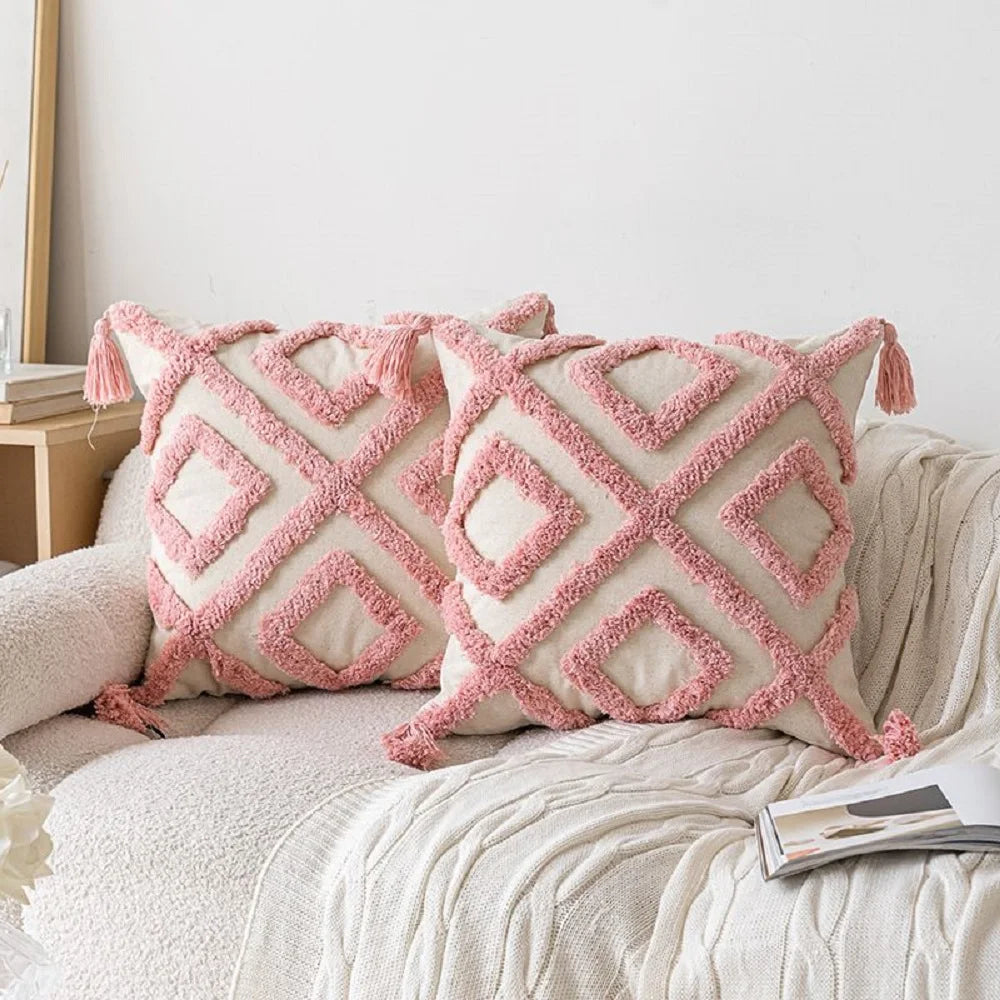 Pink Cotton Tufted Pillow Cover With Tassels Ins Sweet Decorative Pillowcase For Sofa Chic Boho Funda Cojin Cushion Cover
